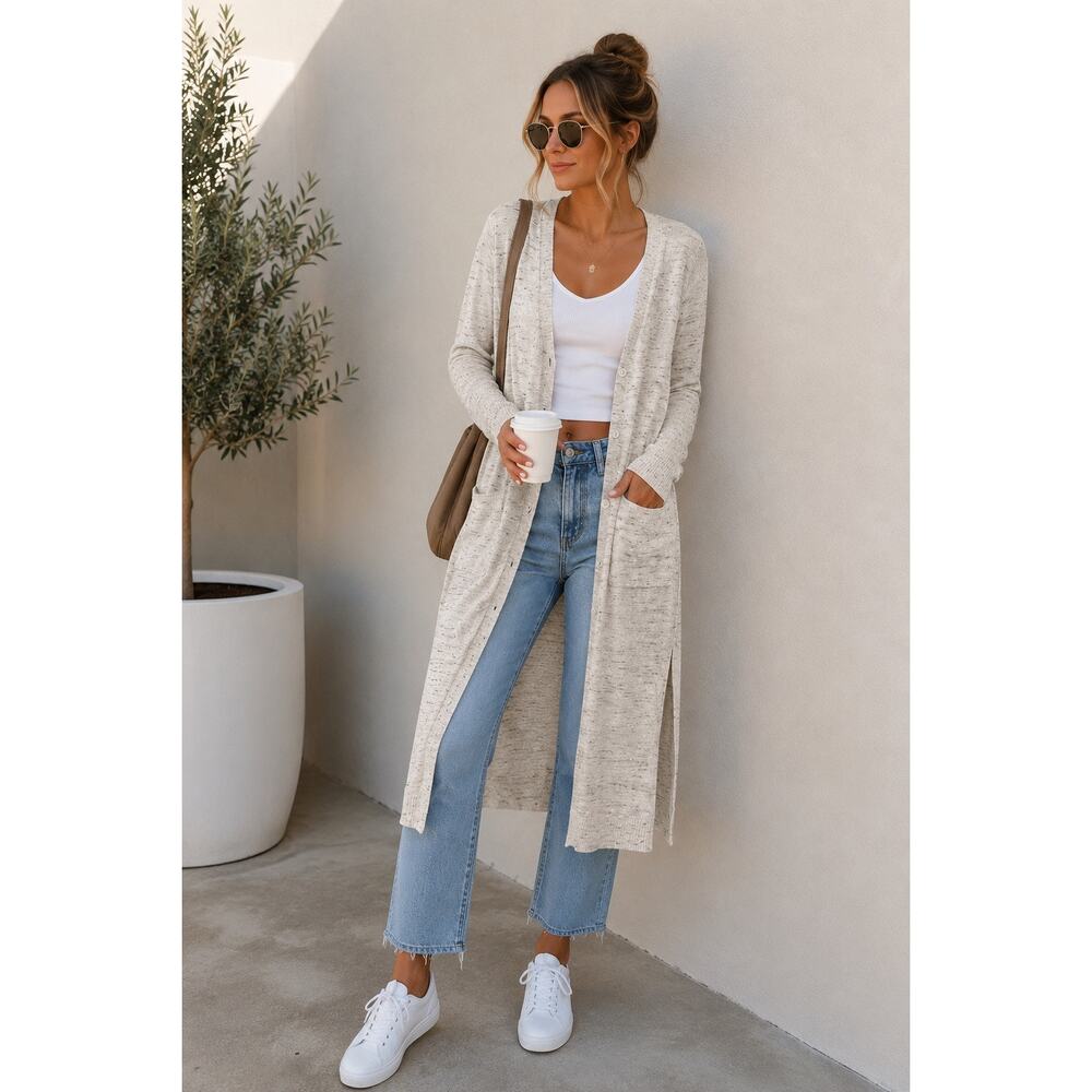 Margaret O'leary Long Lightweight Cotton Duster ButtonUp Heather Cream Cardigan